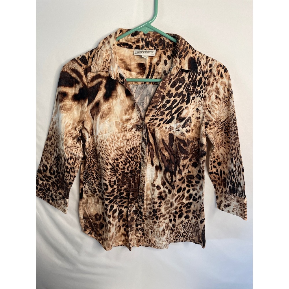 Dana Buchman Womens Small Leopard Animal Print 3/4 Sleeve Button Down Blouse Top